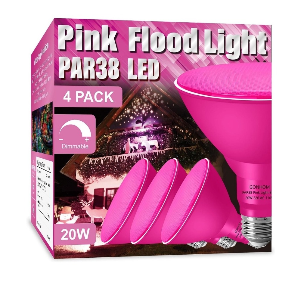 Pink Flood Light‎ PAR38 LED 4 Pack Dimmable E26 20W Christmas Halloween